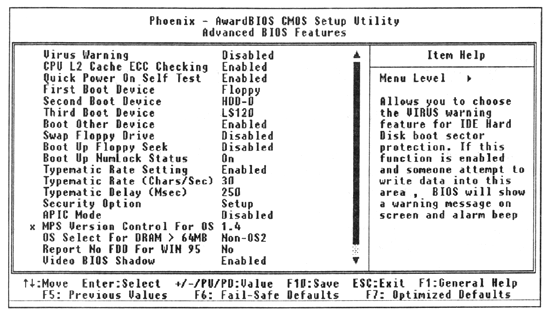 Меню Advanced BIOS Features